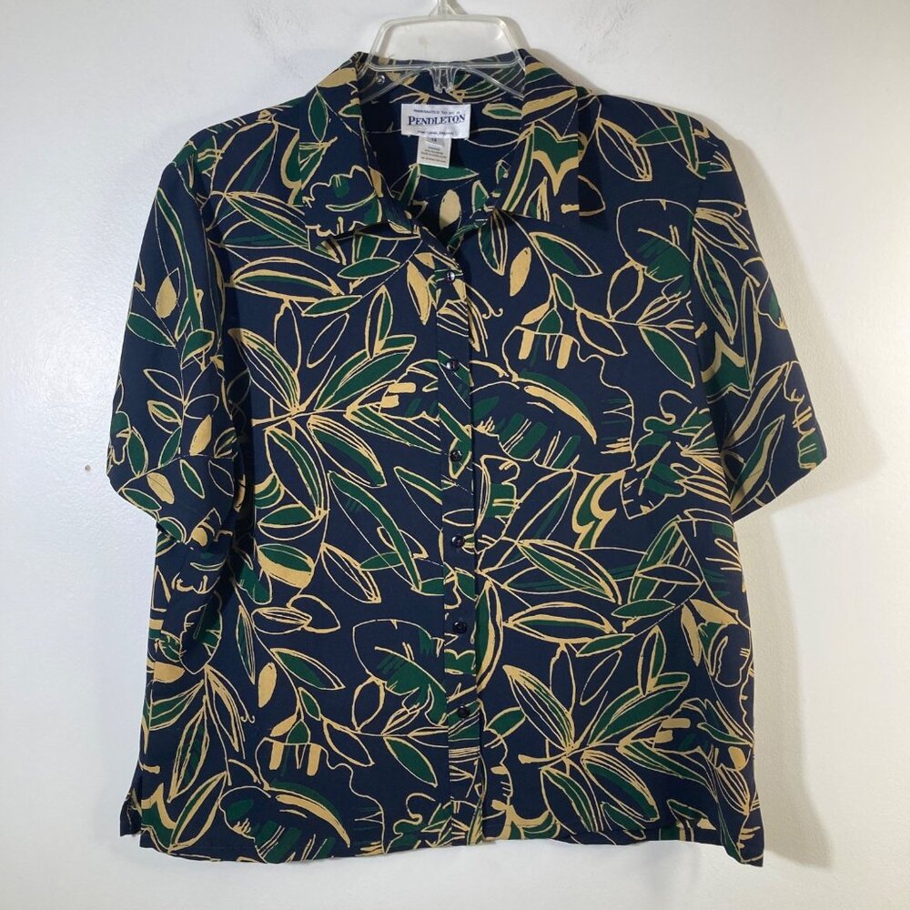 Womens Vintage Pendleton Short Sleeve Button Shirt Leave Pattern‎ 14 Blue Green